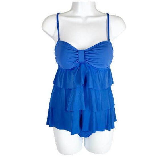 Kenneth Cole Reaction S 2 Piece Swimsuit Royal Blue Layered Tiered Ruffles Solid - Picture 1 of 7